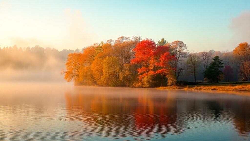 Tranquil Autumn Sunrise by the Lake – free AI stock image