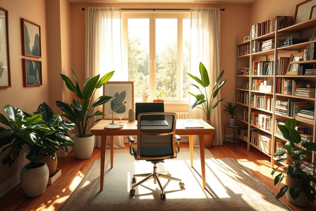 Tranquil Cozy Home Office With Plants – free AI stock image