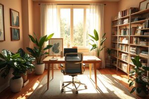 Tranquil Cozy Home Office With Plants – free AI stock image