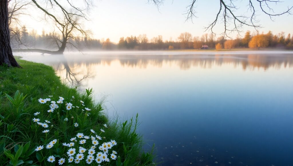 Tranquil Dawn at the Lakeside – free AI stock image