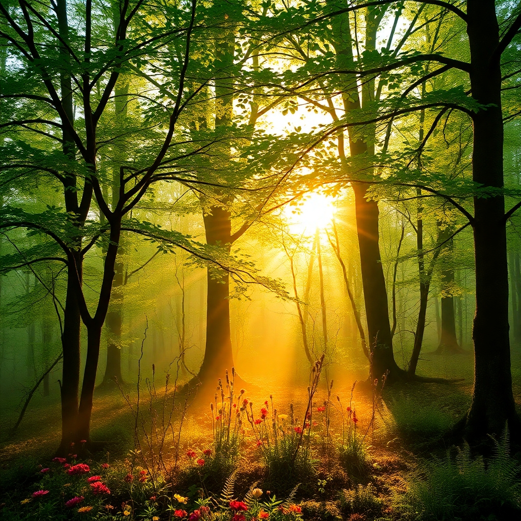 Tranquil Forest at Dawn with Dew Drops – free AI stock image