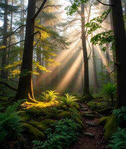 Tranquil Forest at Dawn with Mist – free AI stock image