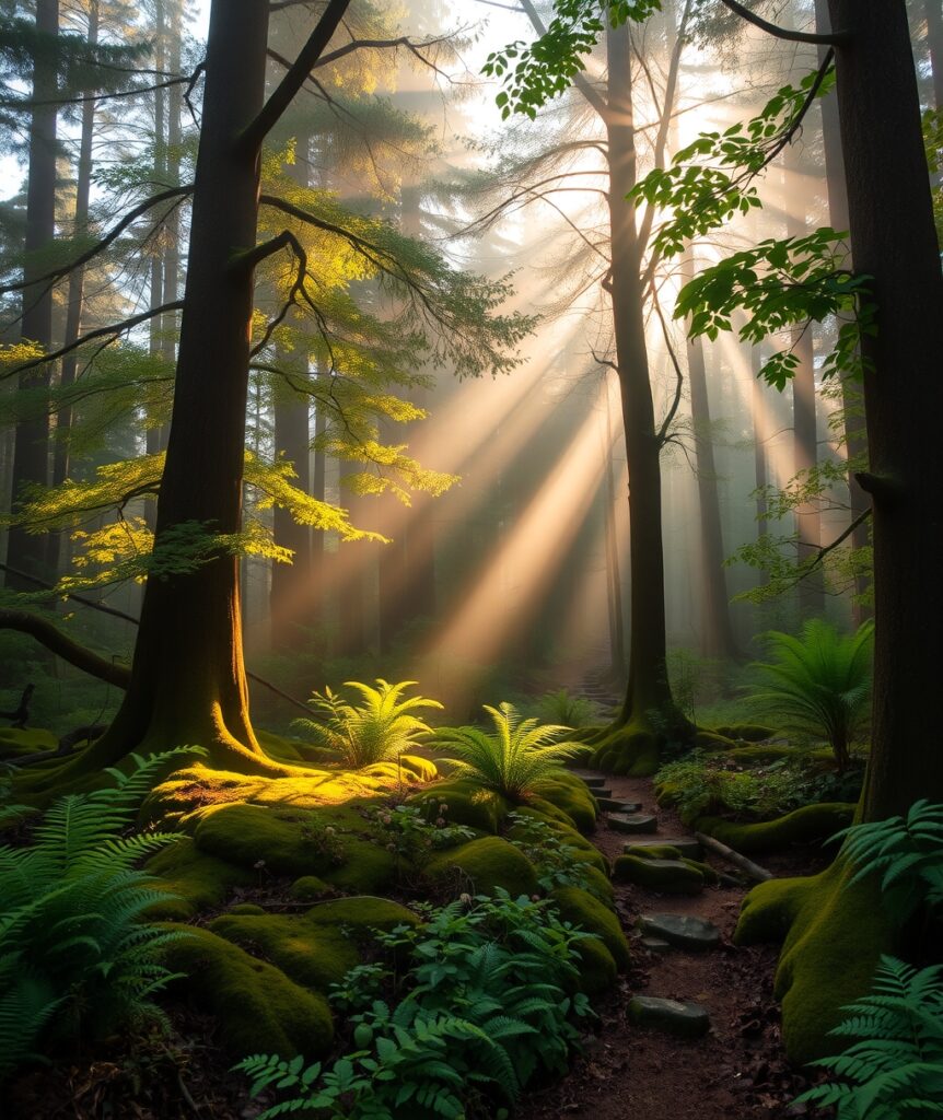 Tranquil Forest at Dawn with Mist – free AI stock image