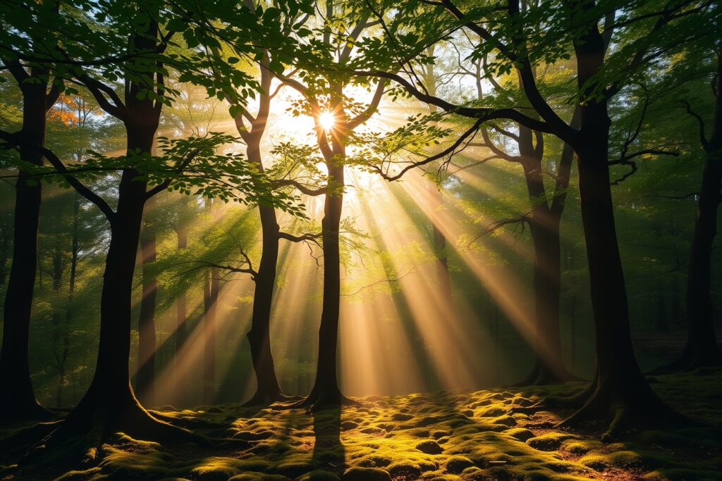 Tranquil Forest at Dawn with Mist – free AI stock image