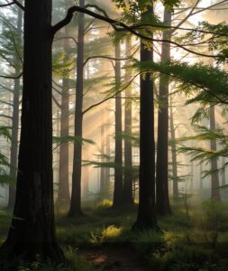Tranquil Forest at Dawn with Mist – free AI stock image
