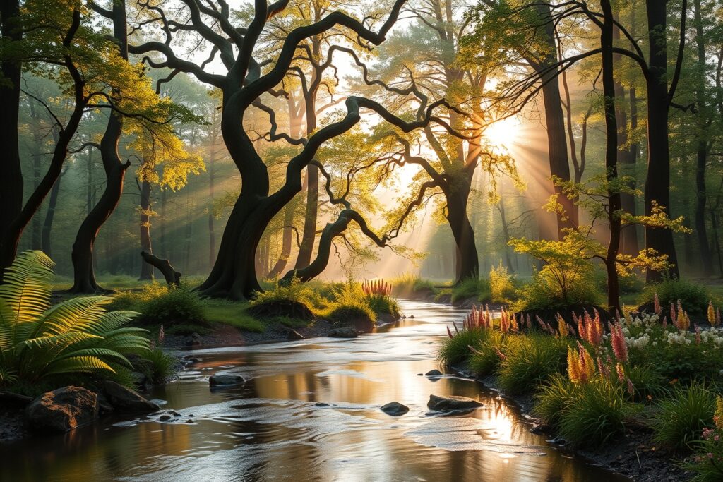Tranquil Forest at Dawn’s First Light – free AI stock image