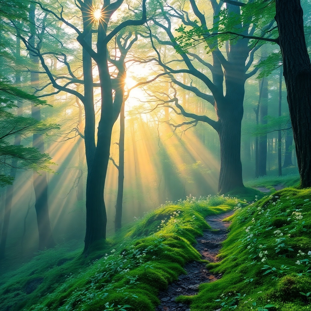 Tranquil Forest at Sunrise with Mist – free AI stock image