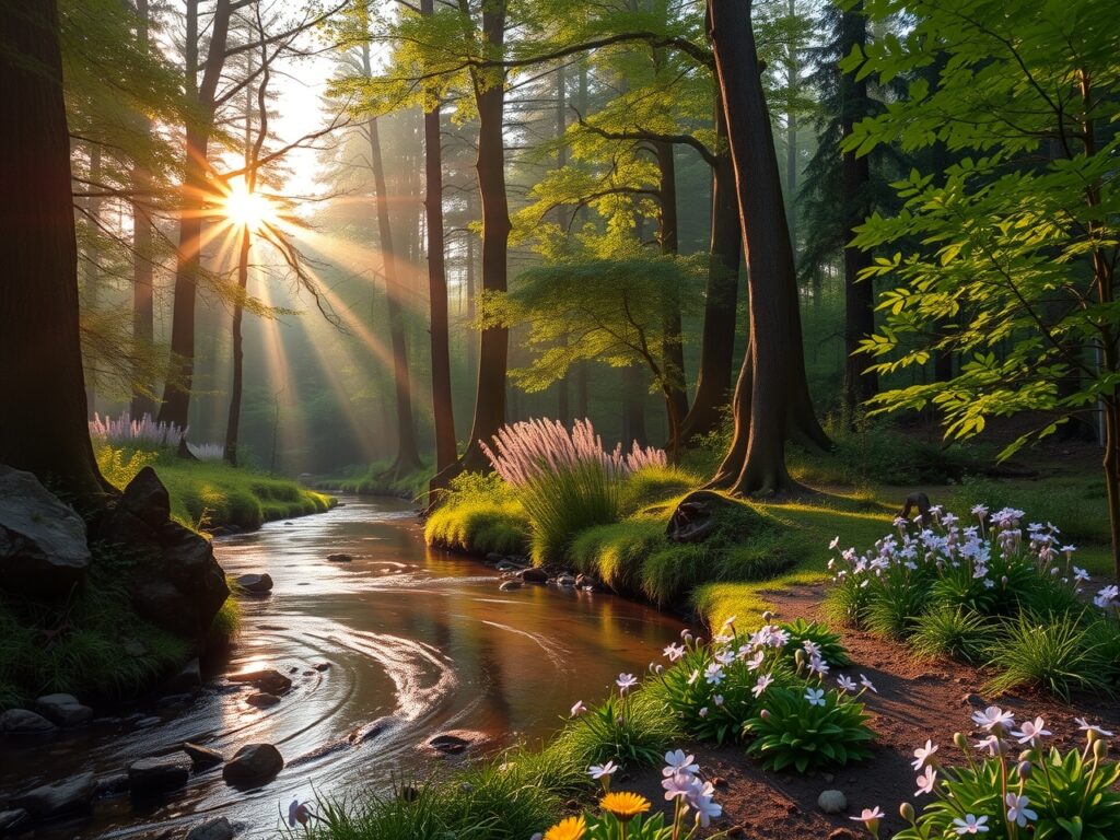 Tranquil Forest at Sunrise with Stream – free AI stock image