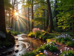 Tranquil Forest at Sunrise with Stream – free AI stock image