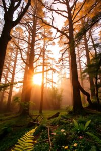 Tranquil Forest Background at Sunrise – free AI stock image