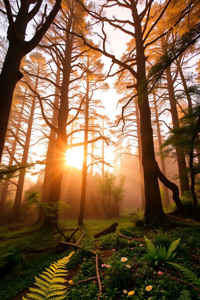 Tranquil Forest Background at Sunrise – free AI stock image