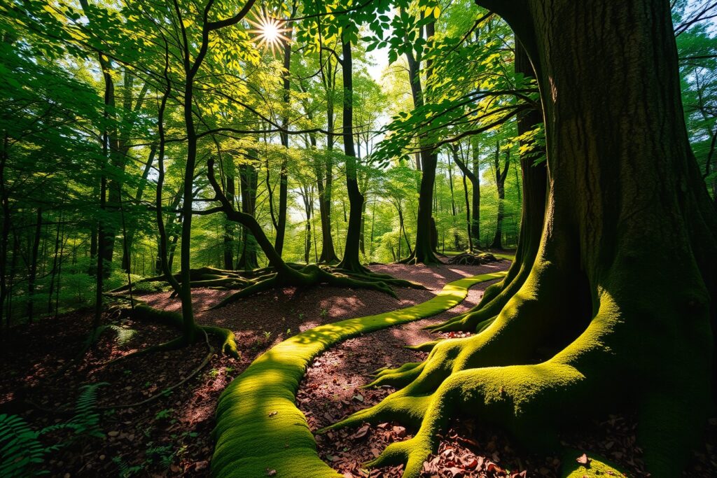 A Tranquil Forest Background with Sunlight – free AI stock image