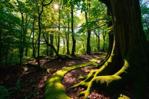 A Tranquil Forest Background with Sunlight – free AI stock image