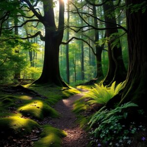 A Tranquil Forest Background with Sunlight – free AI stock image