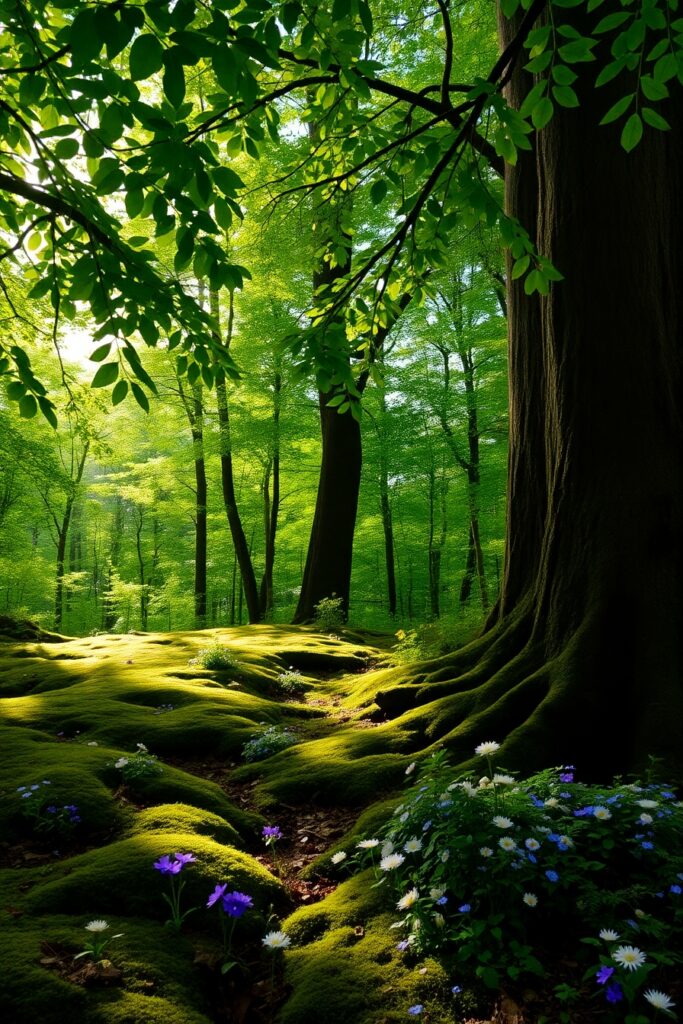 Tranquil Forest Background with Soft Light – free AI stock image