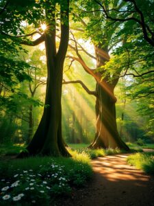 Tranquil Forest Background with Soft Light – free AI stock image