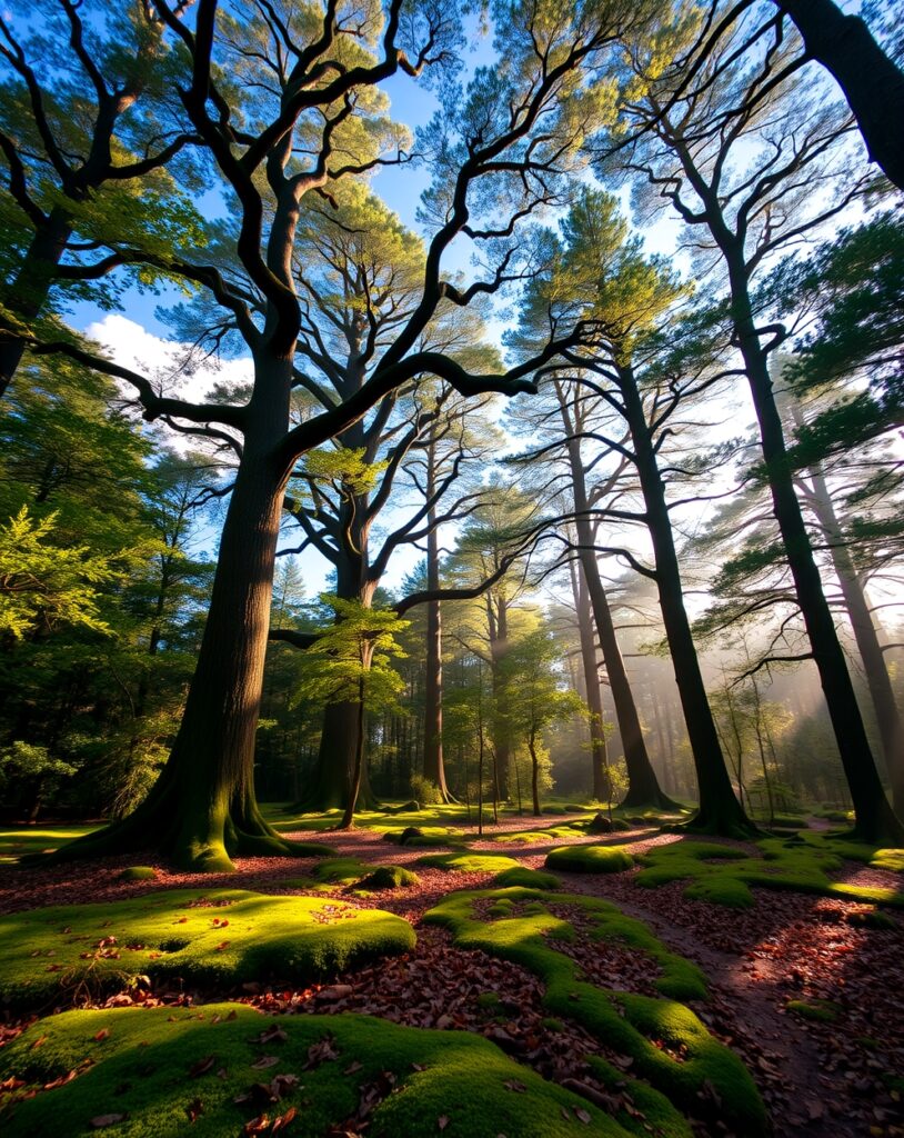 Tranquil Forest Background with Sunlight – free AI stock image