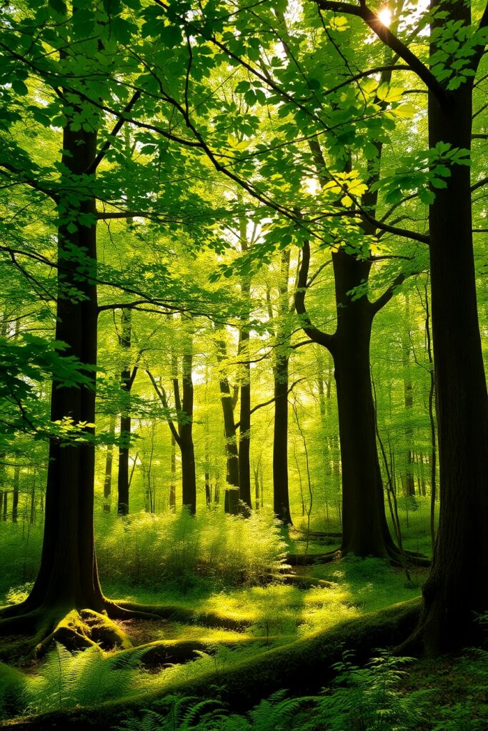 Tranquil Forest Background with Sunlight – free AI stock image