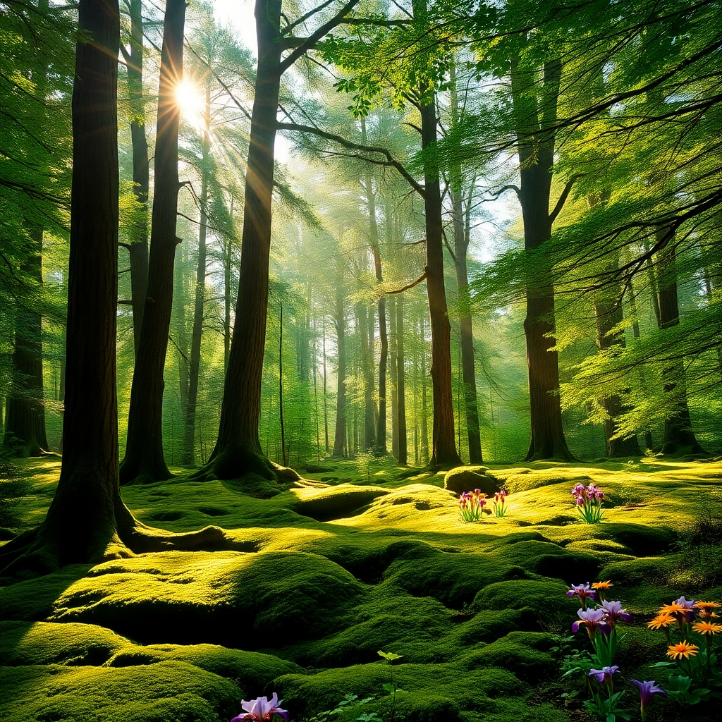 Tranquil Forest Background with Sunlight – free AI stock image