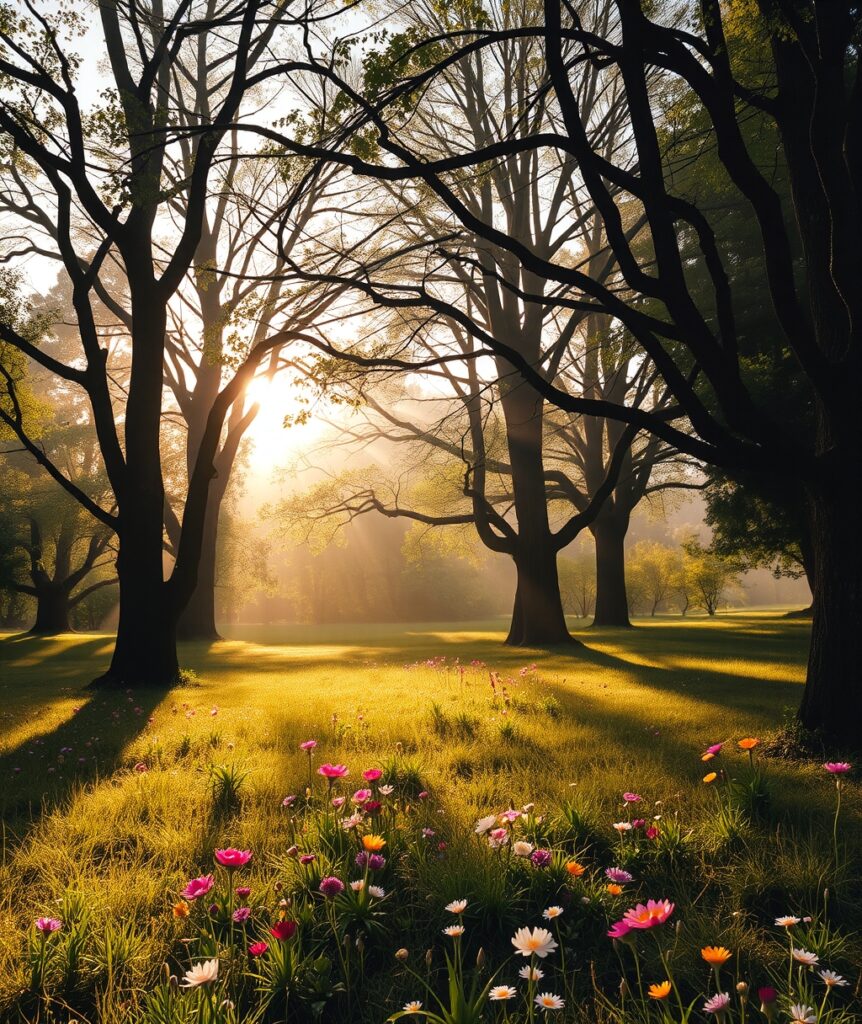 Tranquil Forest Clearing at Sunrise – free AI stock image