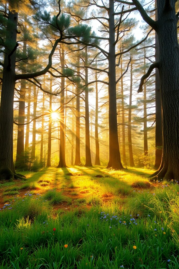 Tranquil Forest Clearing with Sunlight – free AI stock image