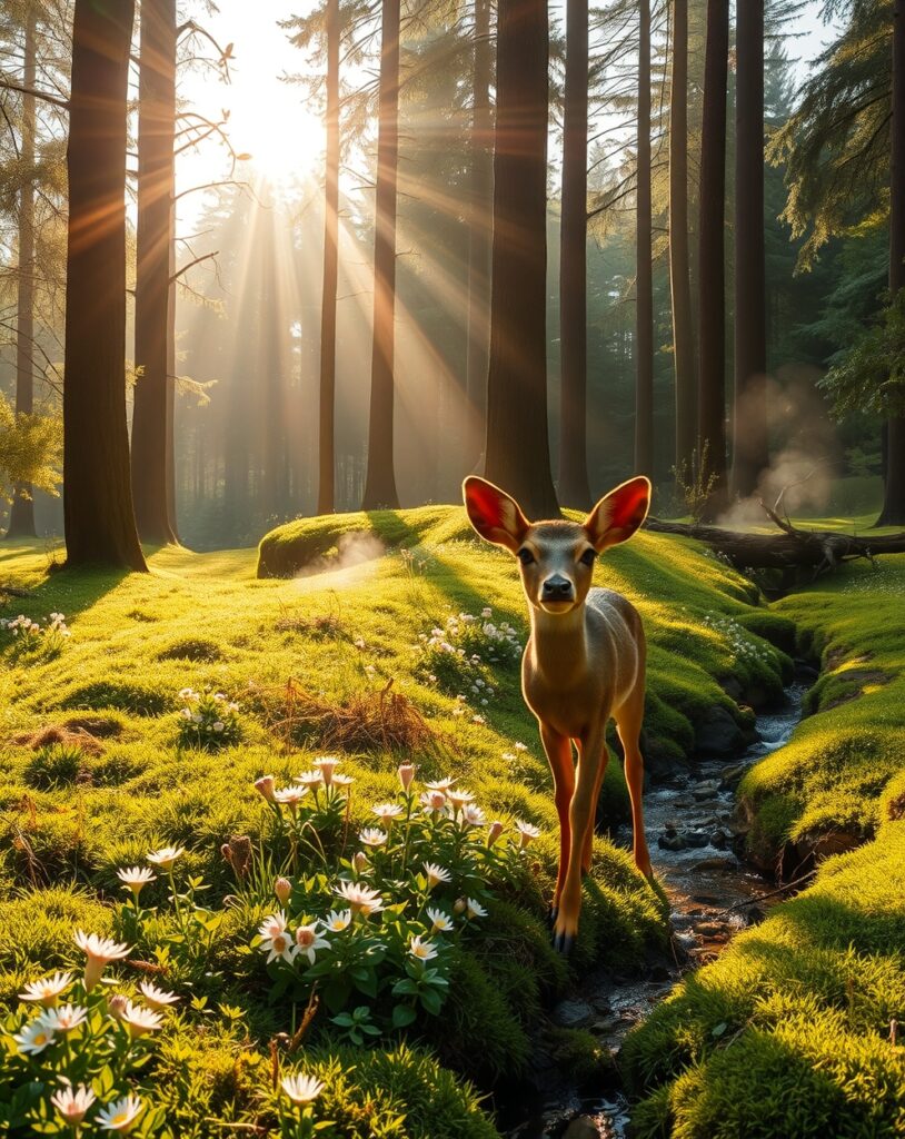 Tranquil Forest Glade at Sunrise – free AI stock image