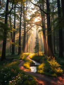 Tranquil Forest Glade at Sunrise – free AI stock image