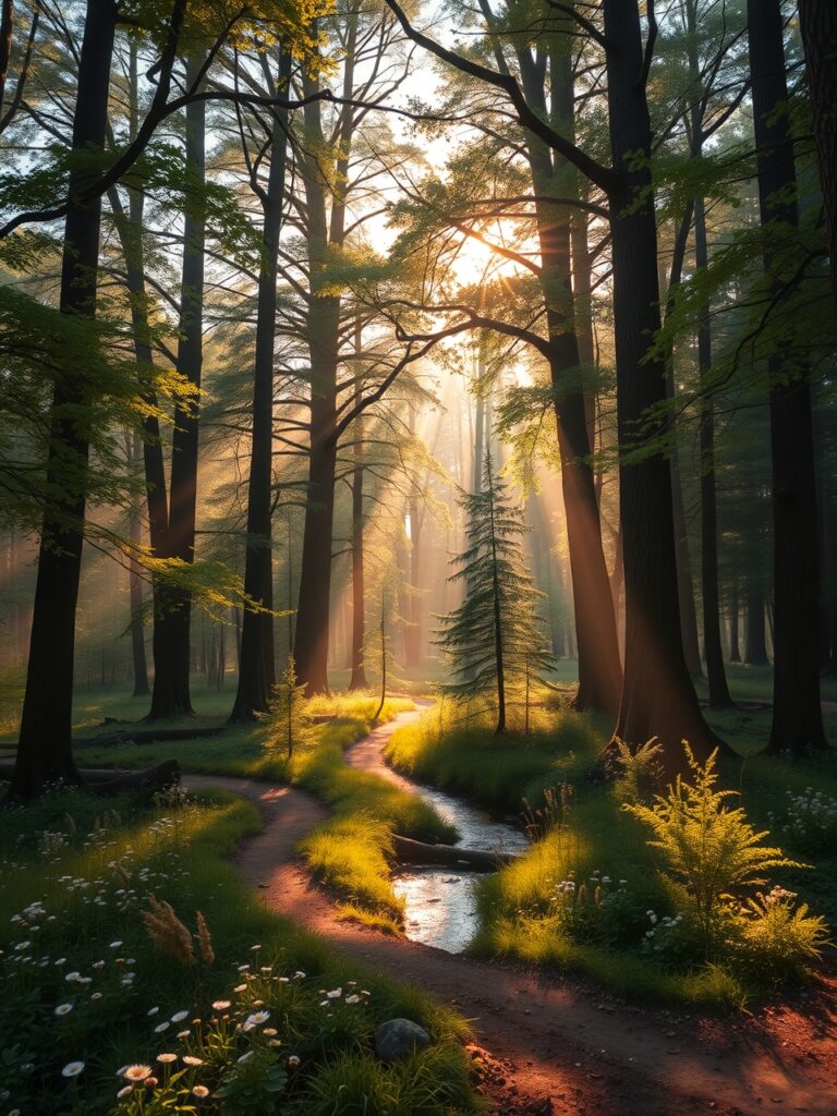 Tranquil Forest Glade at Sunrise – free AI stock image