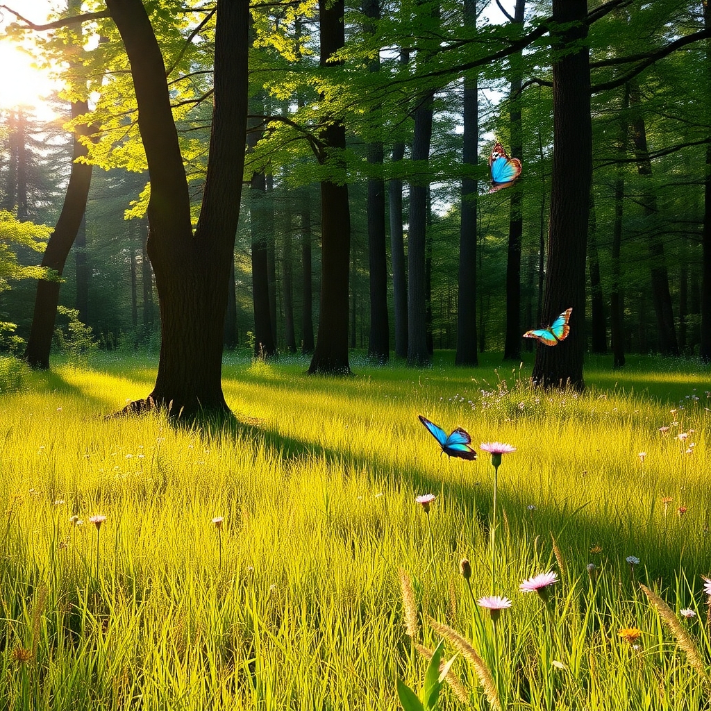 Tranquil Forest Glade Surrounded by Wildflowers – free AI stock image