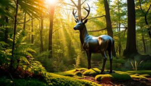 Tranquil Forest Glade with Bronze Statue – free AI stock image