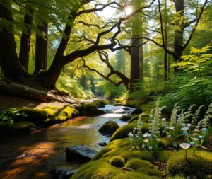 Tranquil Forest Glade with Gentle Stream – free AI stock image