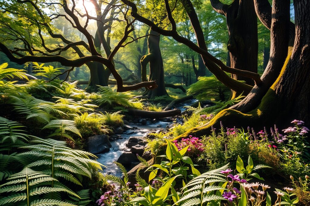 Tranquil Forest Glade with Gentle Stream – free AI stock image