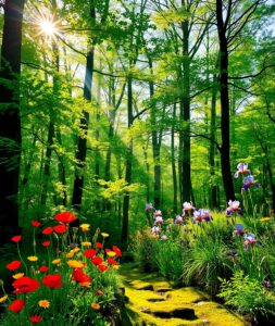 Tranquil Forest Glade with Sunbeams – free AI stock image