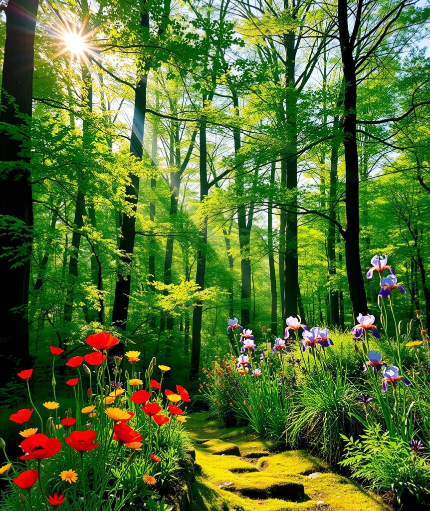 Tranquil Forest Glade with Sunbeams – free AI stock image