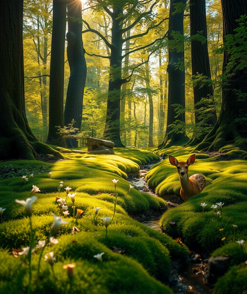 Tranquil Forest Glade with Sunlight Filtering – free AI stock image