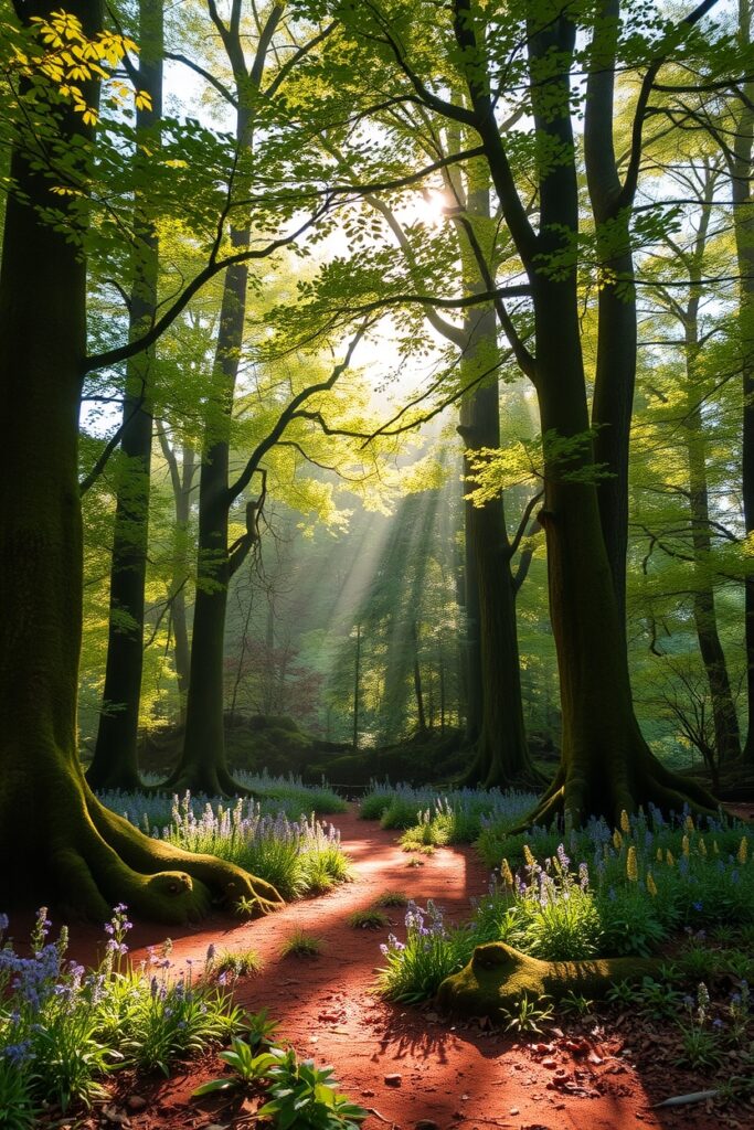 Tranquil Forest Glade with Sunlight Filtering – free AI stock image