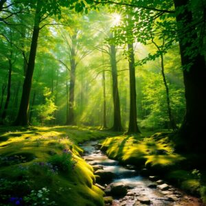 Tranquil Forest Glade with Sunlight Streaming – free AI stock image