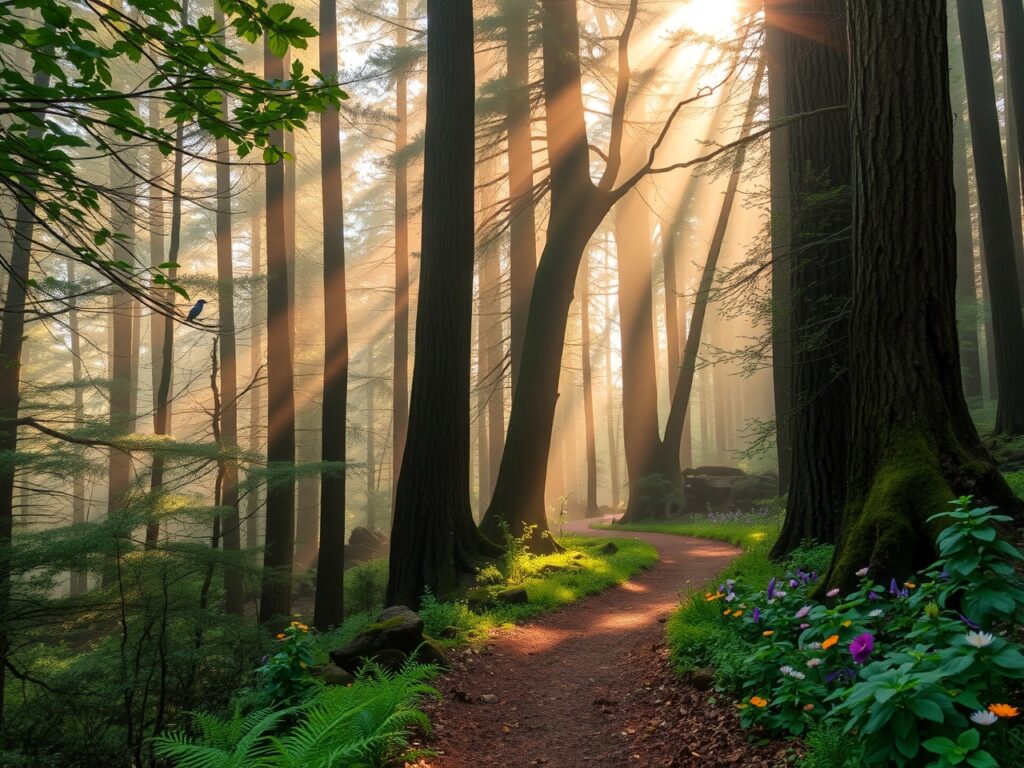 Tranquil Forest Morning with Misty Trees – free AI stock image