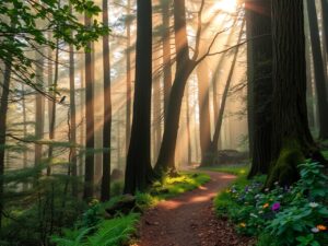 Tranquil Forest Morning with Misty Trees – free AI stock image