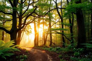 Tranquil Forest Path at Dawn – free AI stock image
