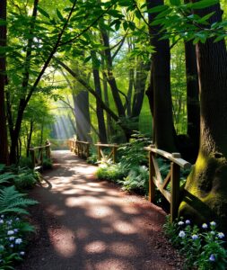 Tranquil Forest Path Under Sunlit Canopy – free AI stock image