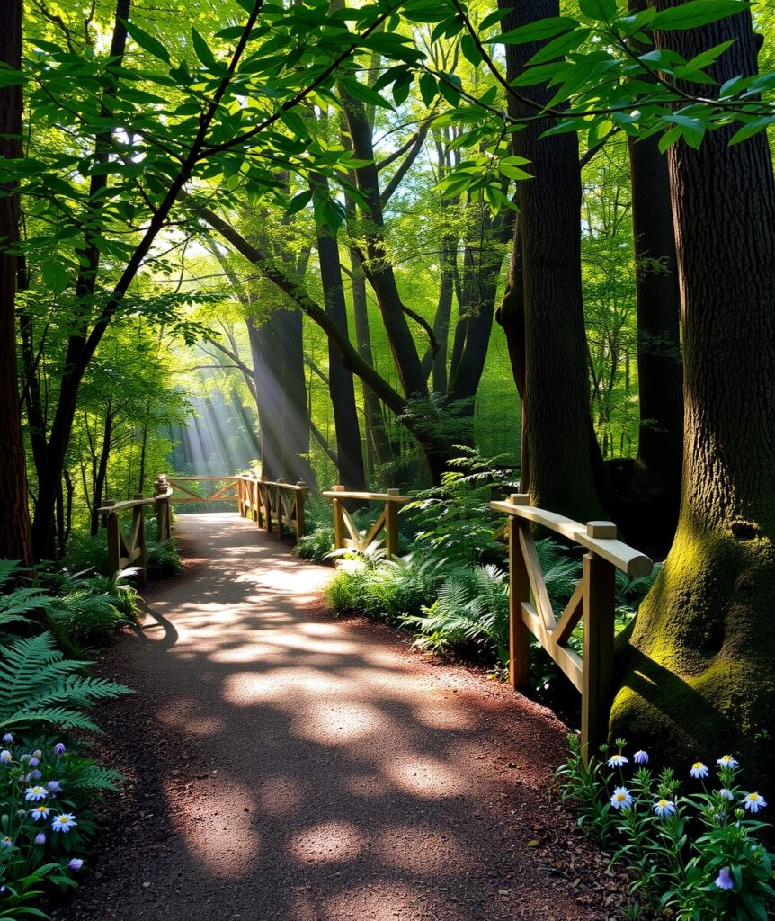 Tranquil Forest Path Under Sunlit Canopy – free AI stock image