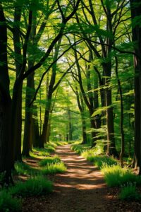 Tranquil Forest Path with Sunlight Streaming – free AI stock image