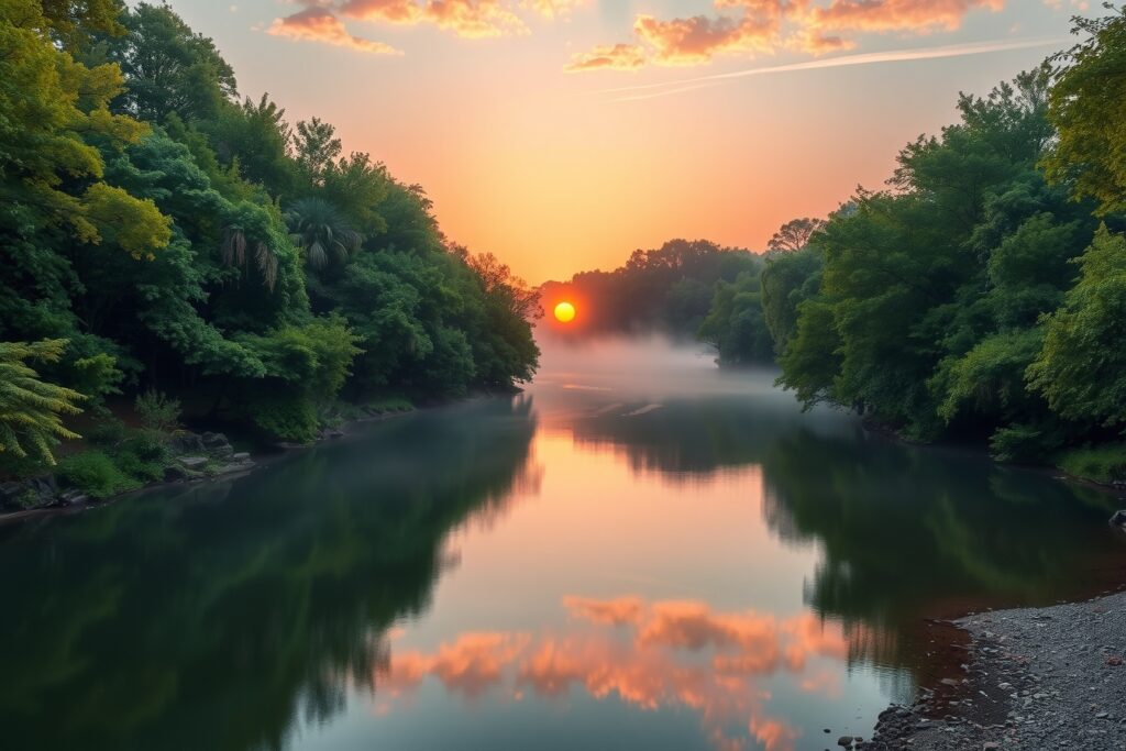 Tranquil Forest River at Sunrise – free AI stock image