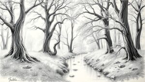 Tranquil Forest Sketch in Pencil – free AI stock image
