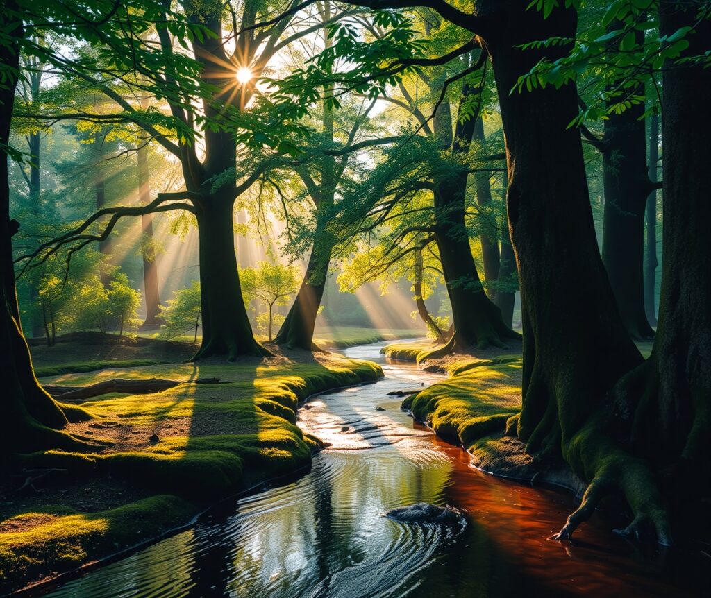 Tranquil Forest Stream at Dawn – free AI stock image