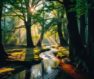 Tranquil Forest Stream at Dawn – free AI stock image