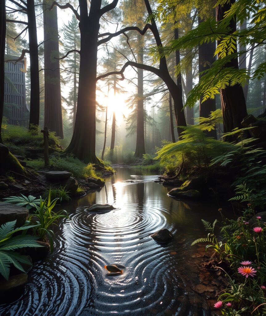 Tranquil Forest Stream at Dawn – free AI stock image