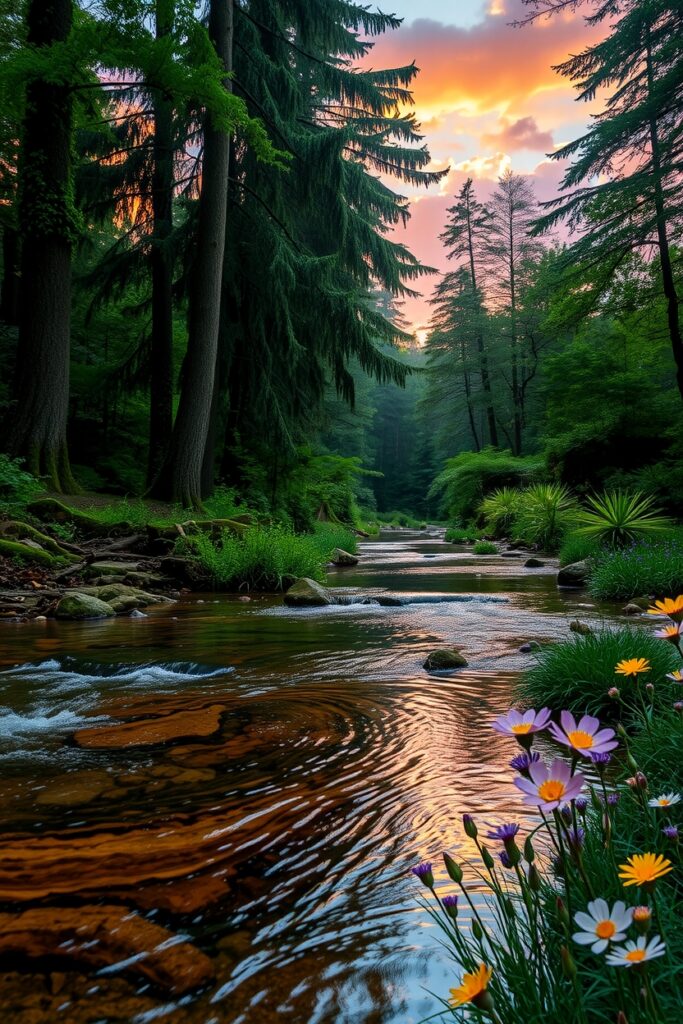 Tranquil Forest Stream at Dusk – free AI stock image