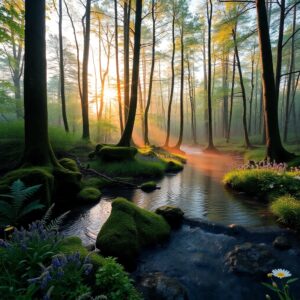 Tranquil Forest Stream at Sunrise – free AI stock image